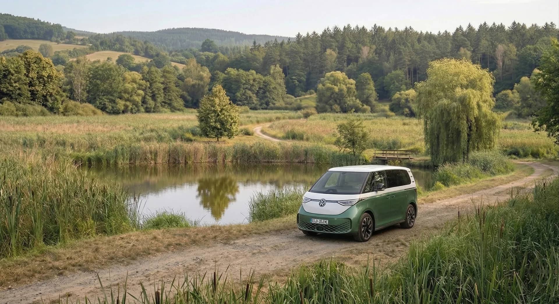 Green electric van driving along a countryside road beside a pond