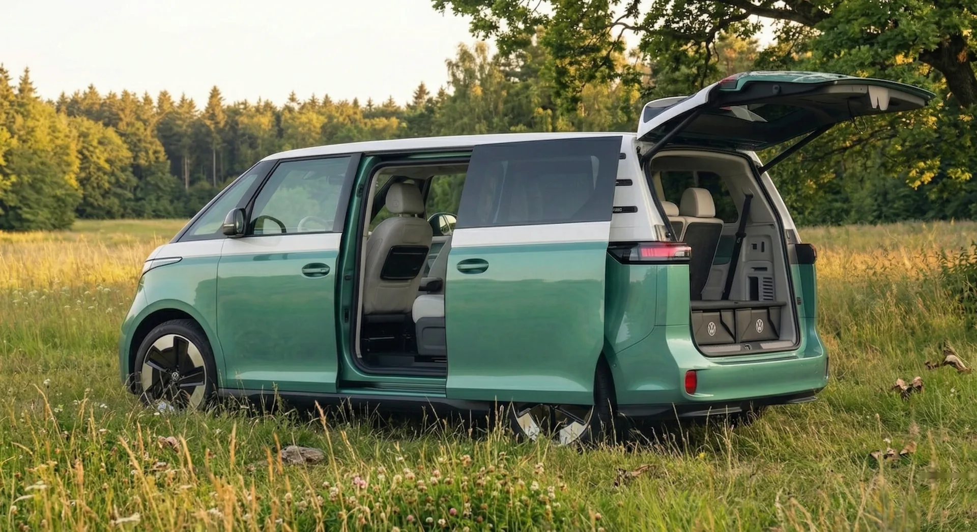 Green VW ID. Buzz with sliding door and trunk open in a meadow showing easy boarding access