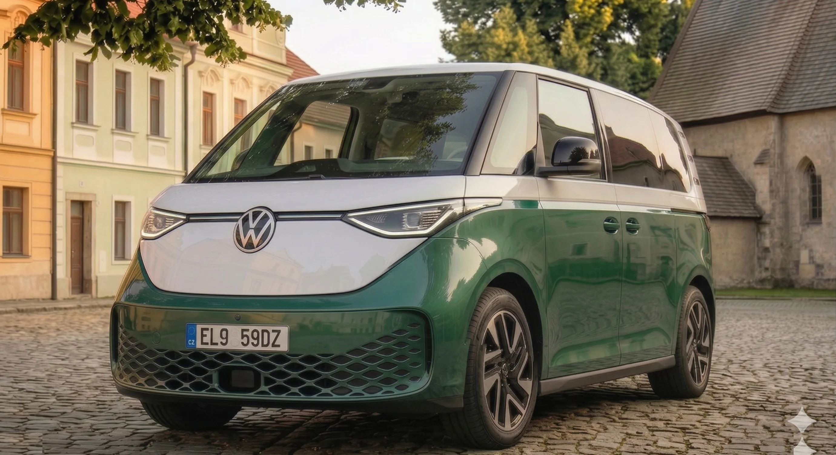 VW ID. Buzz electric van parked on a cobblestone town square with historic buildings