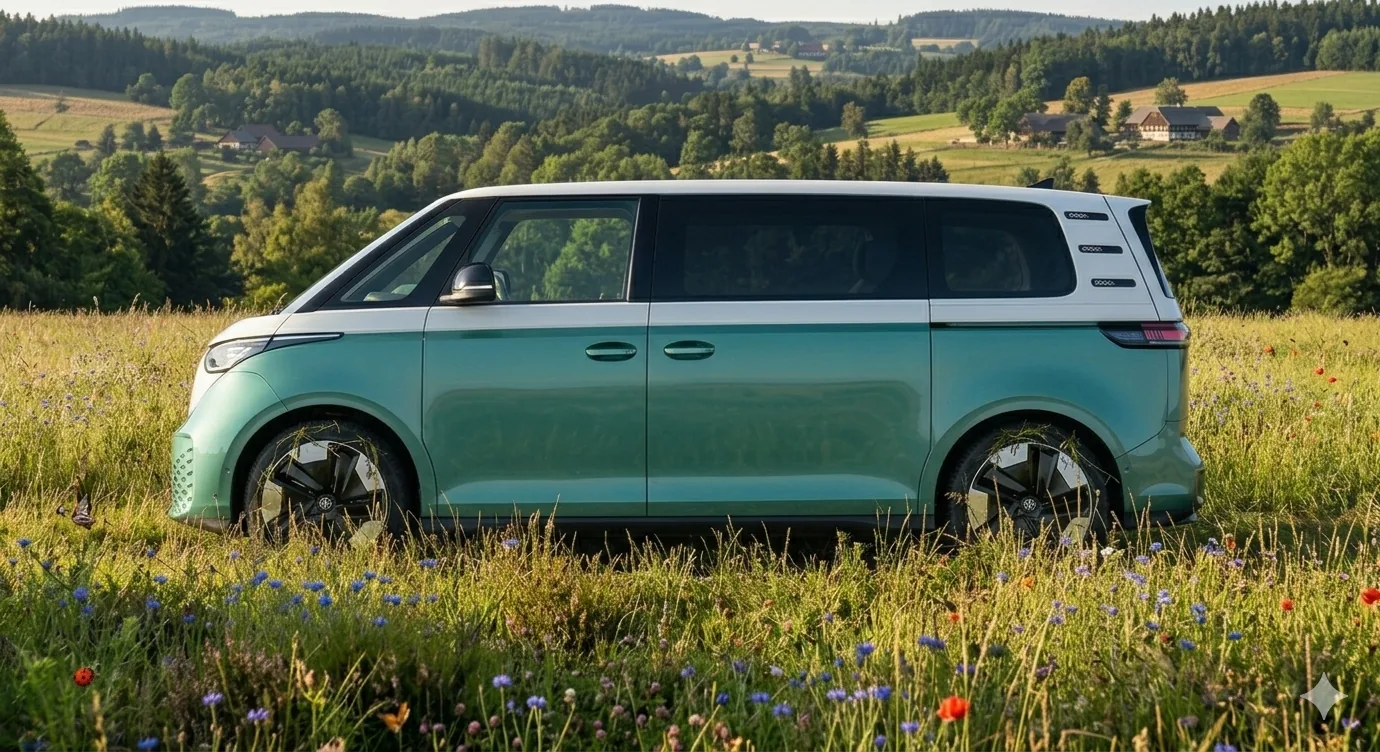 VW ID. Buzz electric van in a wildflower meadow with rolling Czech hills